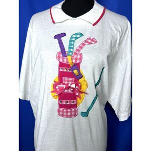 Womens Vintage White Golf Polo XXL Caddy Country Club Sporty Sparkle Preppy Bow